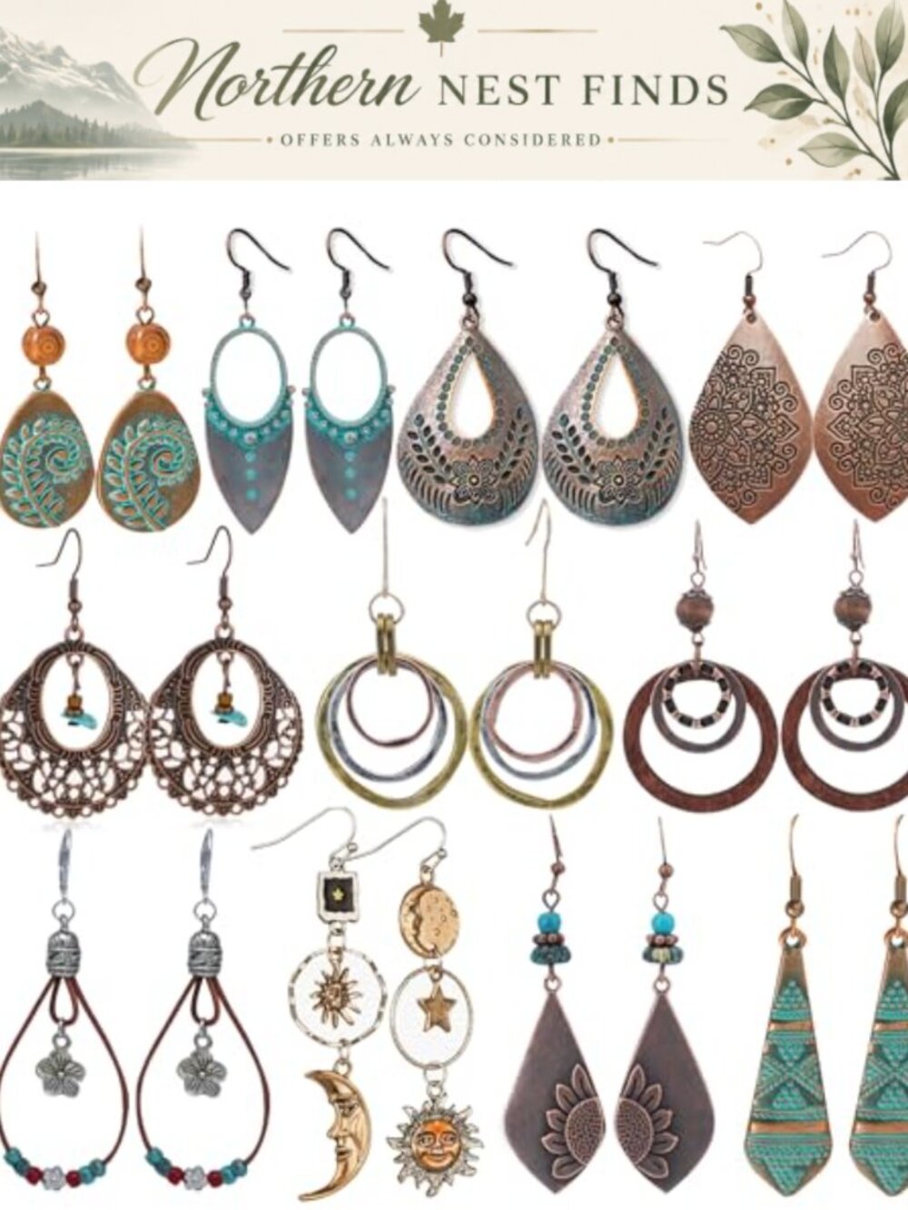 Vintage Boho Dangle Earrings Set 11 Pairs Zinc Teardrop Sun Moon
